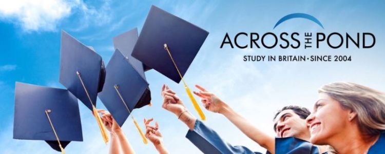 Graduation students against a blue cloudy sky, Across the Pond logo on the top right corner